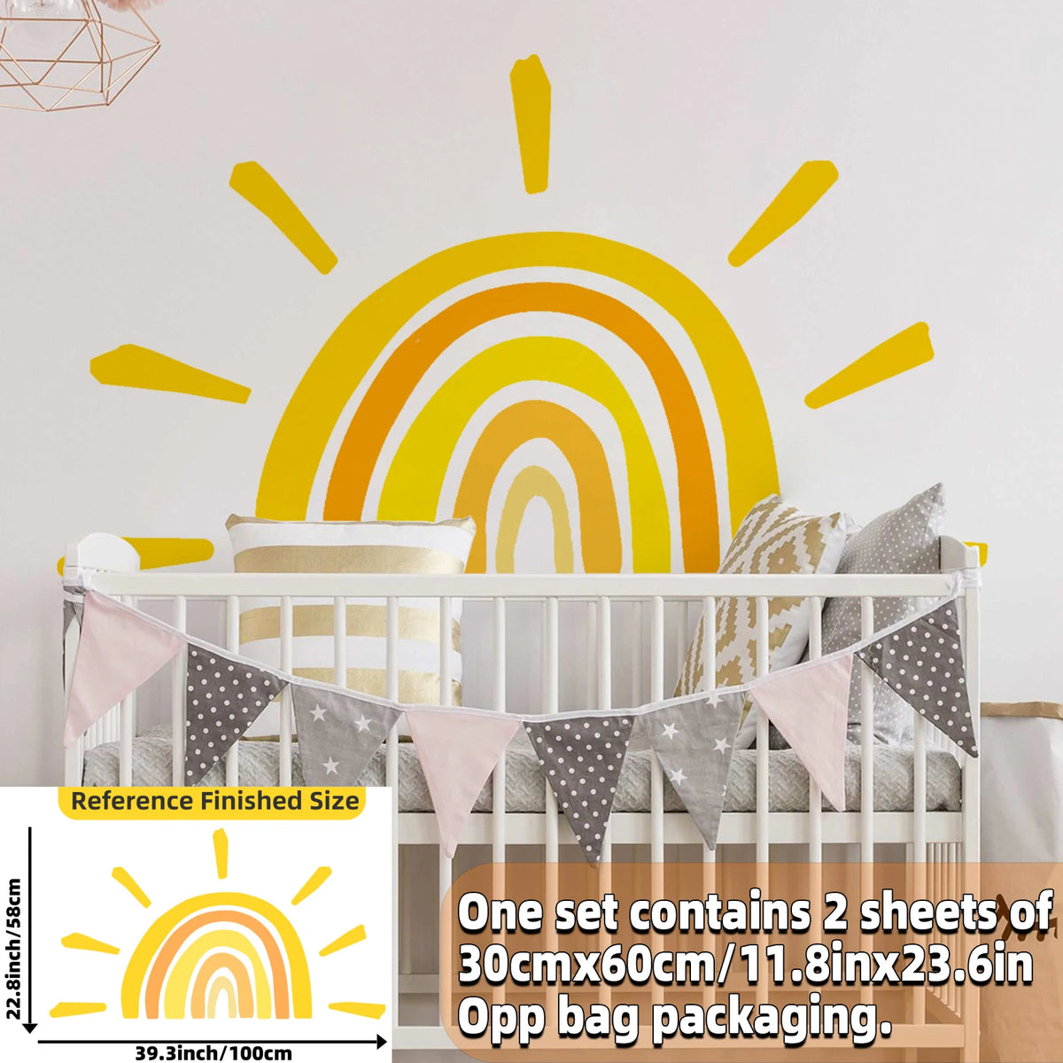 stickers muraux dessin animé soleil souriant arc ciel enfant chambre salon decoration murale jaune