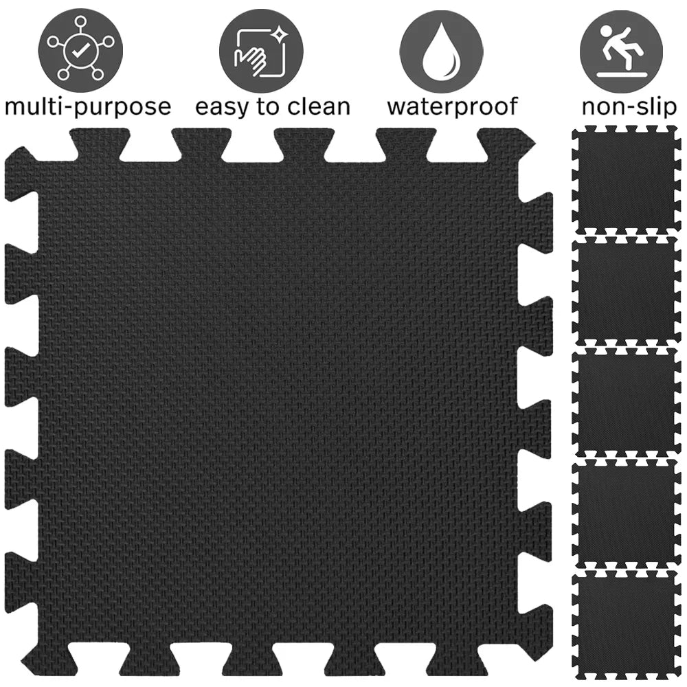 tapis sol noir puzzle géométrique moderne 30x30cm pack 16 pièces relaxation massage