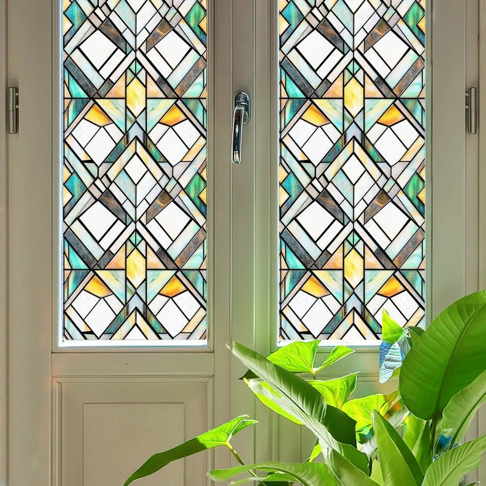 film vitrail adhésif art déco motifs floraux géométriques couleurs vives opaques fenêtre