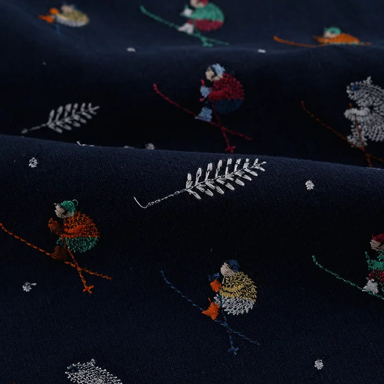 tissu brodé bleu marine personnages animés oiseaux animaux motifs floraux coton résistant bricolage nappe