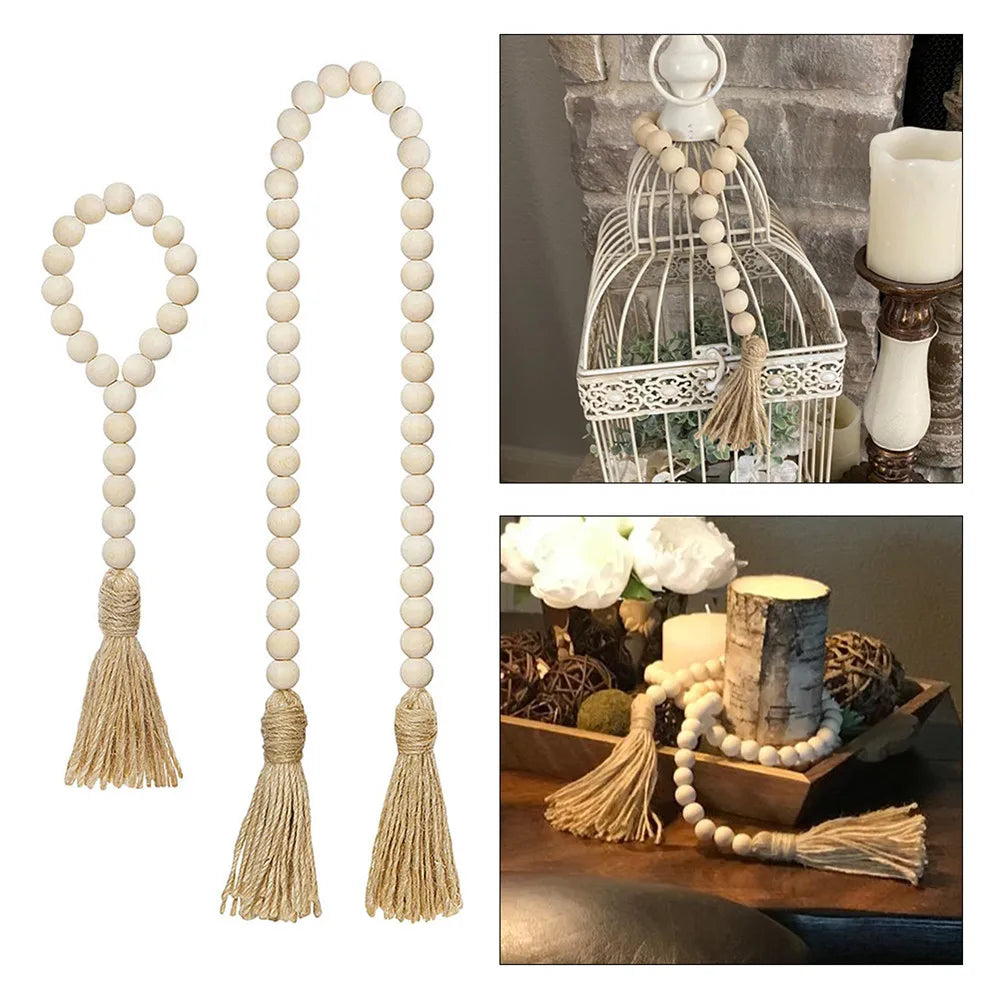 décoration murale boho bois pompons corde rustique ornement blanc naturel