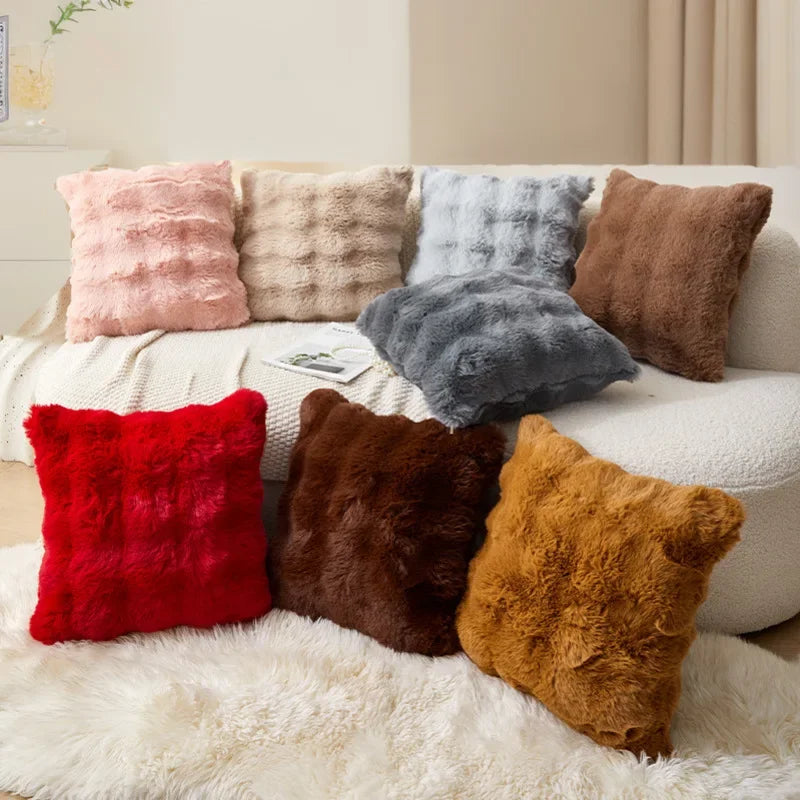 taies d'oreiller velours fourrure couleurs unies moderne canapé hiver pastel clair beige gris marron