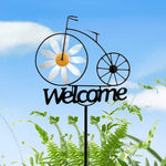 décoration extérieure bienvenue vélo noir blanc fleurs artisanal métal piquet fixé maison jardin entrée