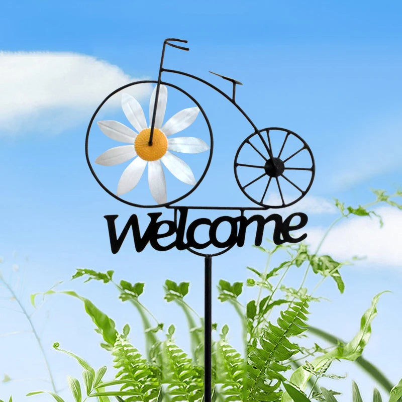 décoration extérieure bienvenue vélo noir blanc fleurs artisanal métal piquet fixé maison jardin entrée