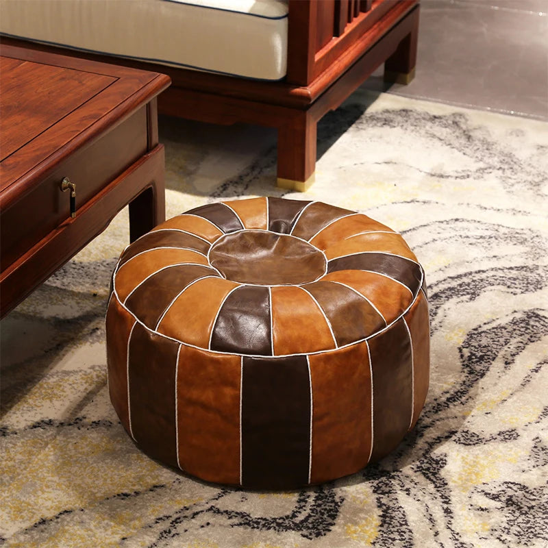 coussin rond cuir naturel marron beige gris moderne ethnique lit siège