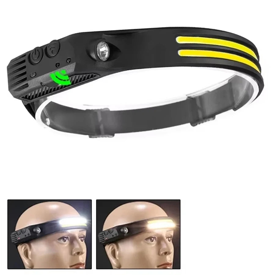 lampe frontale led rechargeable noir jaune fluo modes étanche détecteur mouvement camping pêche randonnée