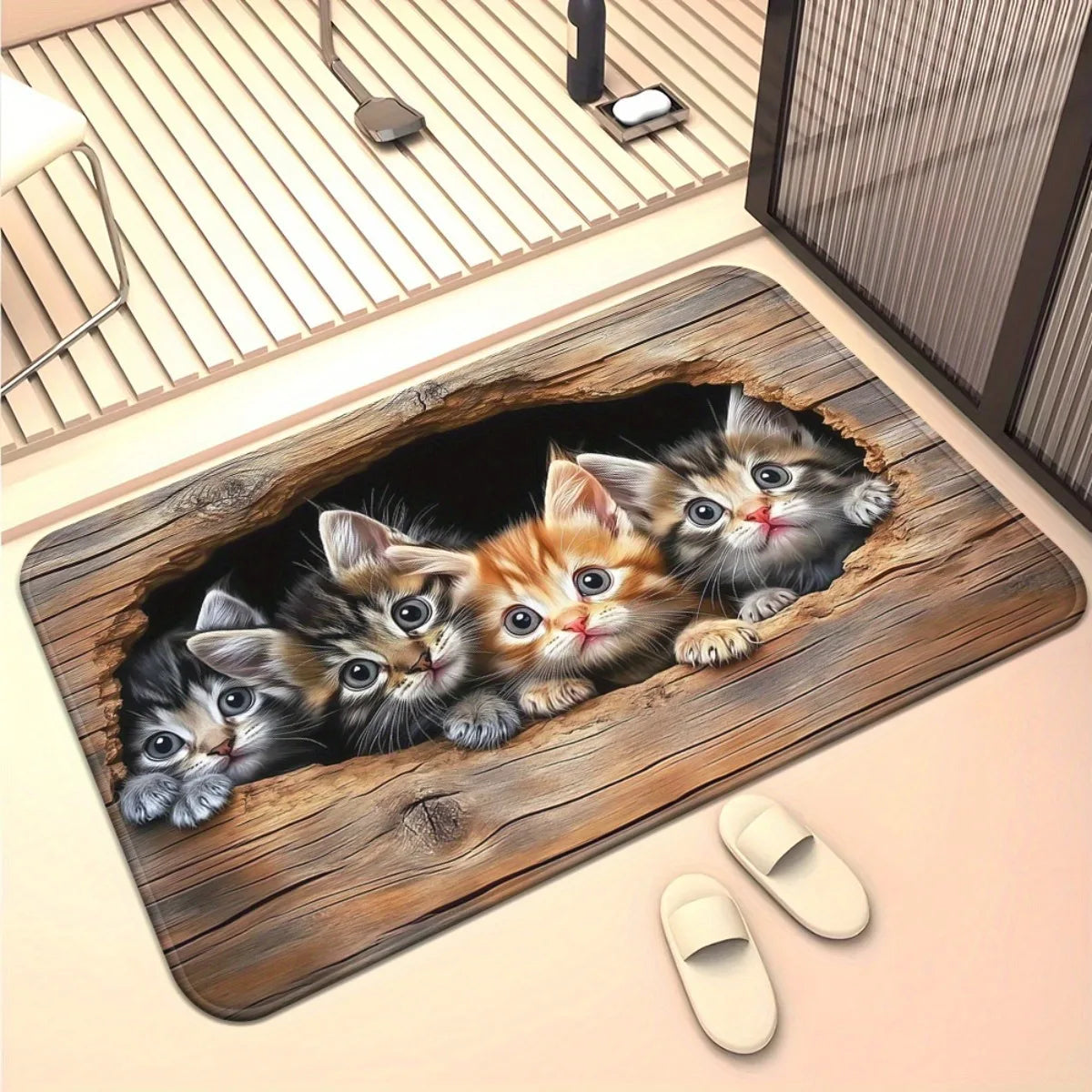 tapis moderne chatons trou bois multicolore antidérapant intérieur salon chambre