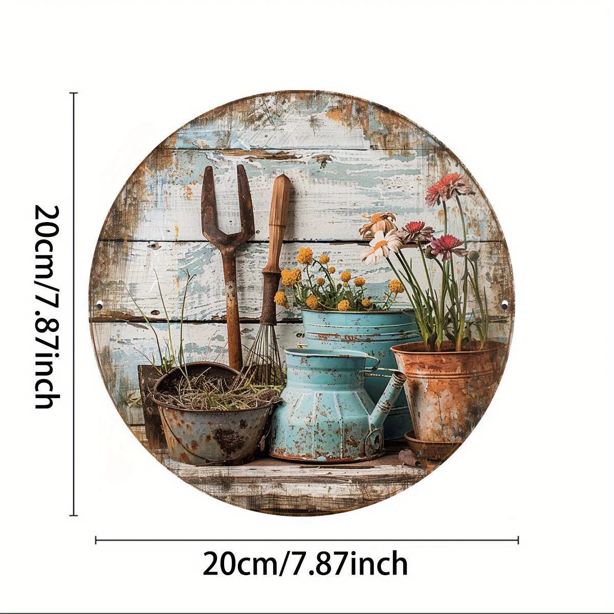 tableau mural rustique bois vieilli fleurs jardin outils bleu brun orange