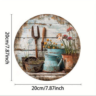 tableau mural rustique bois vieilli fleurs jardin outils bleu brun orange