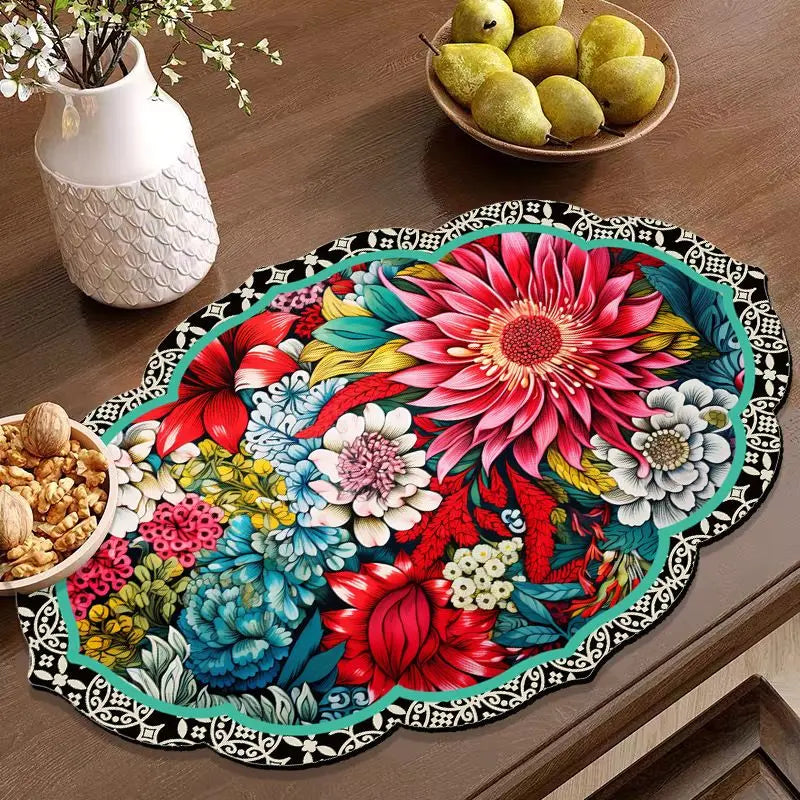 tapis table classique floral couleur bleu foncé rouge orange blanc vert beige