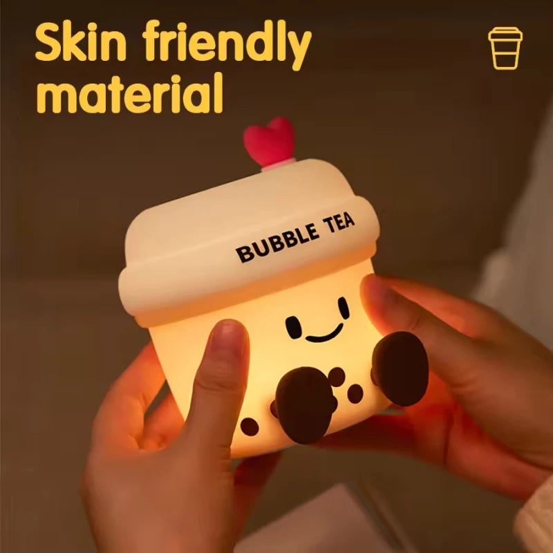 veilleuse nuit tasse sourire coeurs bulles bubble tea cartoon mignonne lampe table tactile