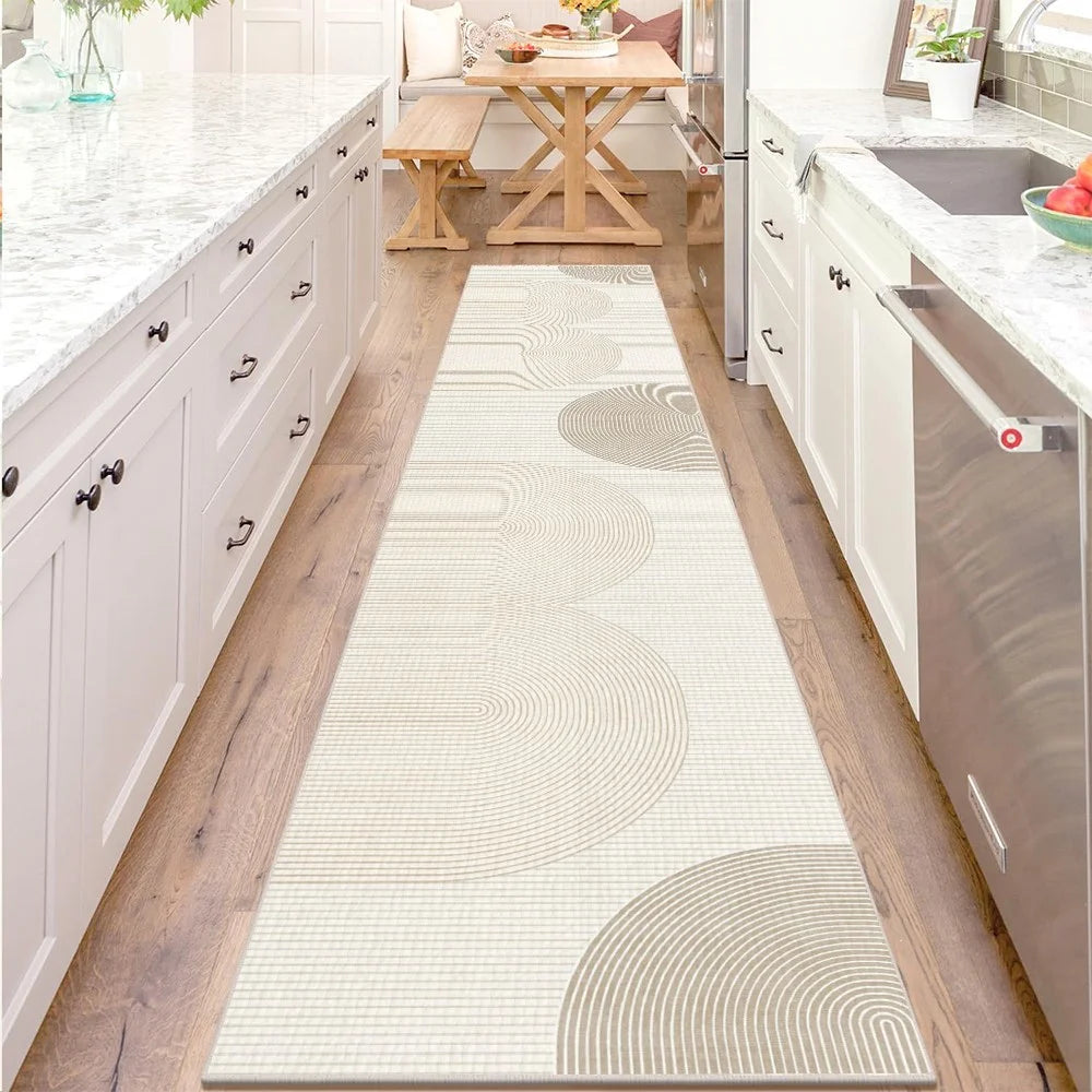 tapis moderne minimaliste beige antidérapant polyester couloir intérieur extérieurolvable machine geometrie simple