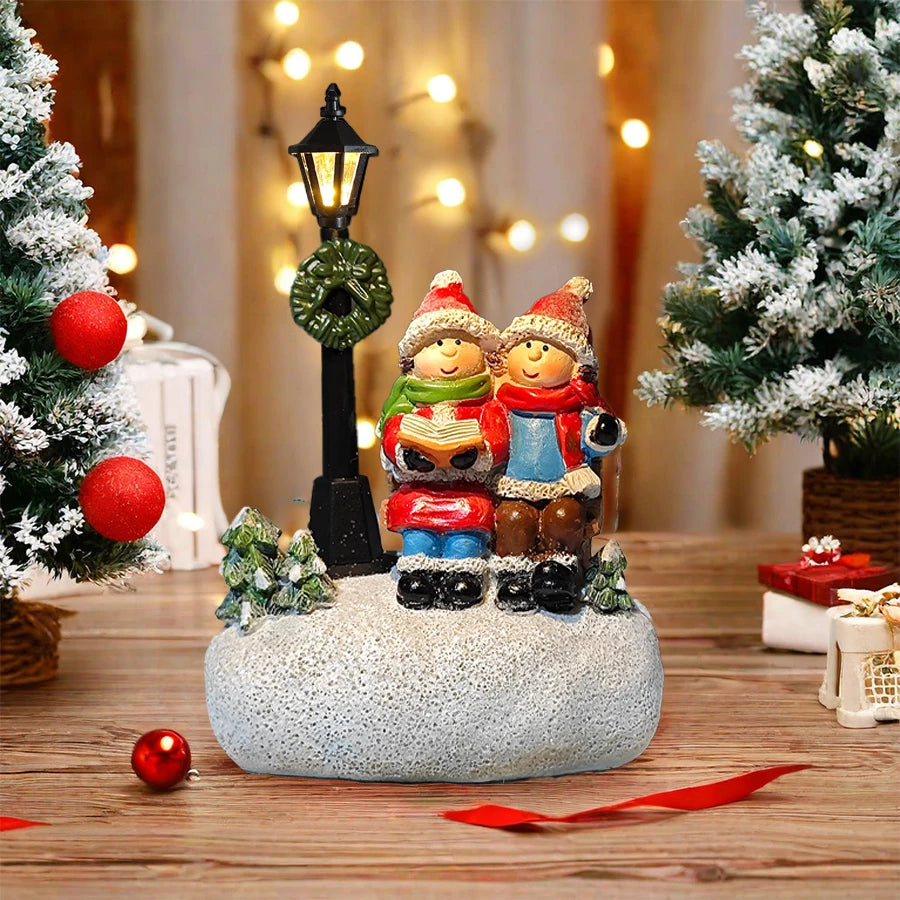 Décoration de table de Noël avec statue pastorale bourgogne et éclairage LED