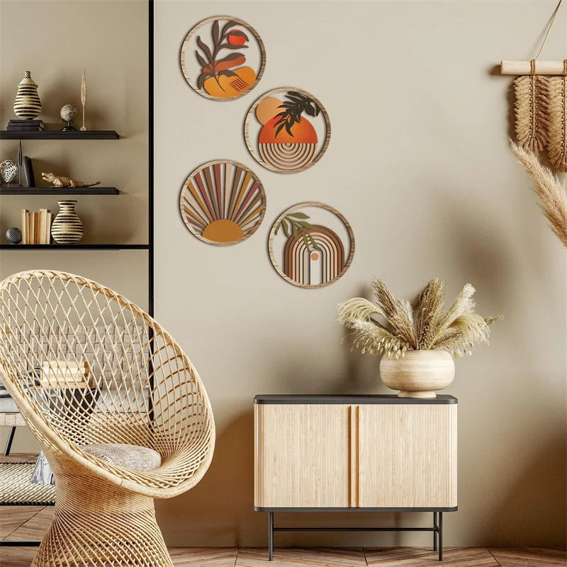 décorations murales bois clair orange marron vert motifs abstraits boho vintage moderne fixations noires