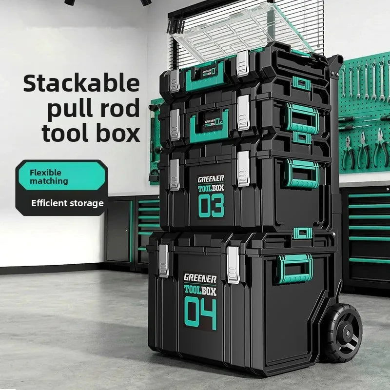 boîte outils modulaire noire verte pratique robuste poignées roulettes empilable grande capacité