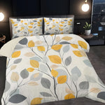 ensemble literie feuilles stylisées moderne blanc jaune gris beige douce 180x210cm 240x210cm 210x210cm 140x210cm