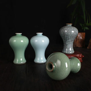 vase céramique vert bleu gris craquelé présentoir bois décoration intérieure asiatique traditionnelle zen artisanal