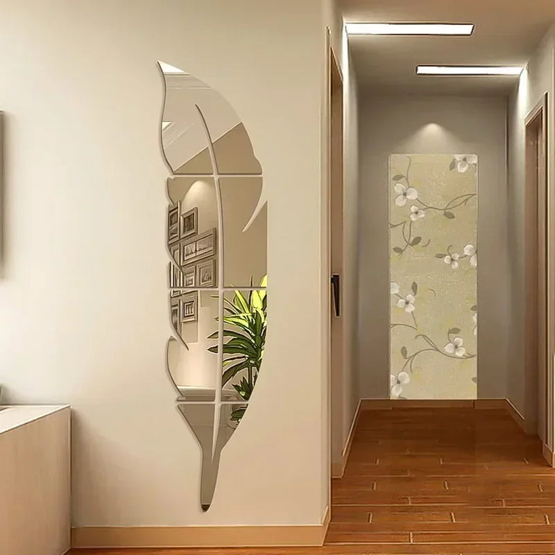 miroir mural adhésif plume stylisée décoration salon moderne acrylique argenté doré grand