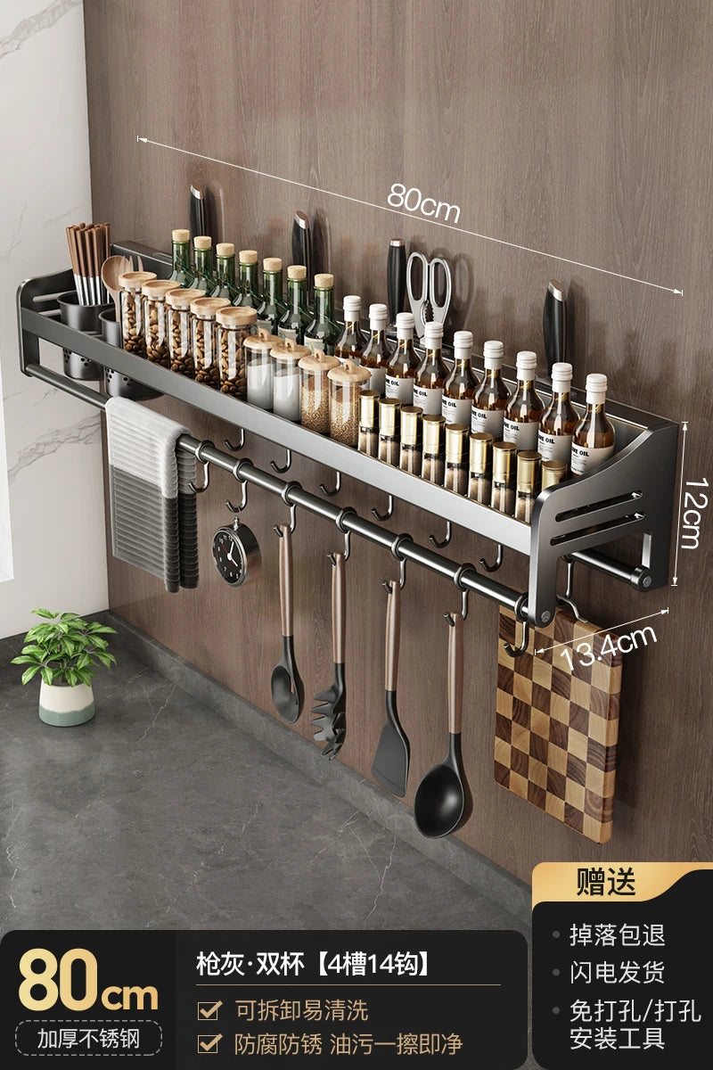 étagère murale cuisine ustensiles moderne sans perçage argentée 40cm 10 couteaux paires ciseaux horloge