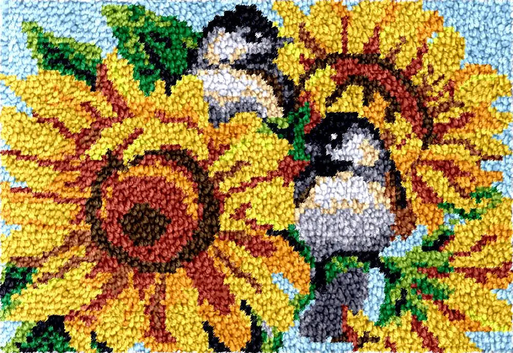 tapis crochet laine motifs fleurs oiseaux tournesols étoiles abstraits taies oreillers grille imprimée