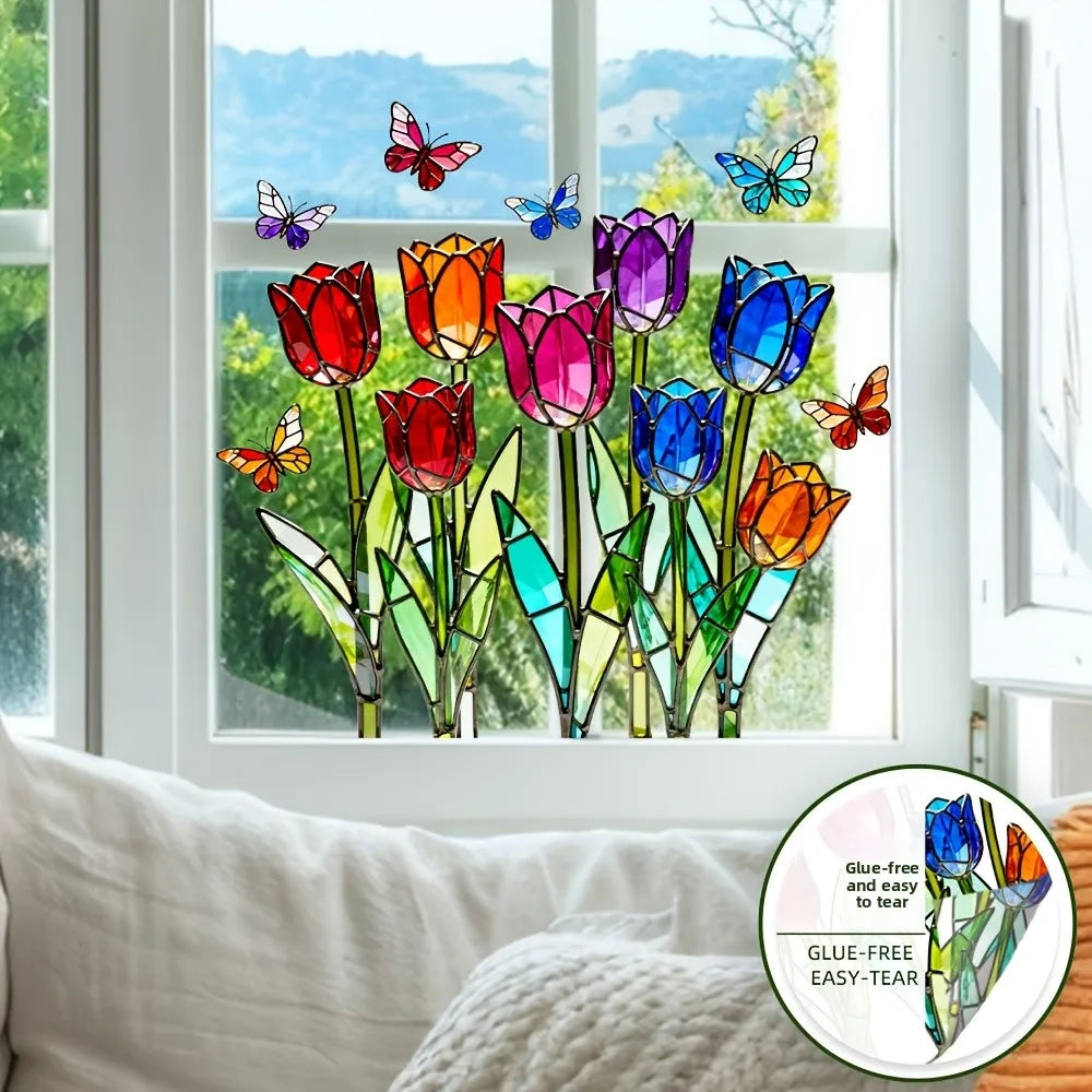 vitrail art nouveau tulipes papillons adhésif opaque multicolore décoration fenêtre