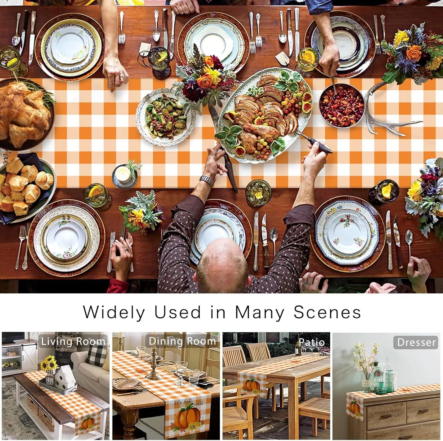 Table décorée pour un repas convivial, avec de nombreux plats aux couleurs automnales, entourée de différents éléments de mobilier tels que table, chaises, buffet et patio.