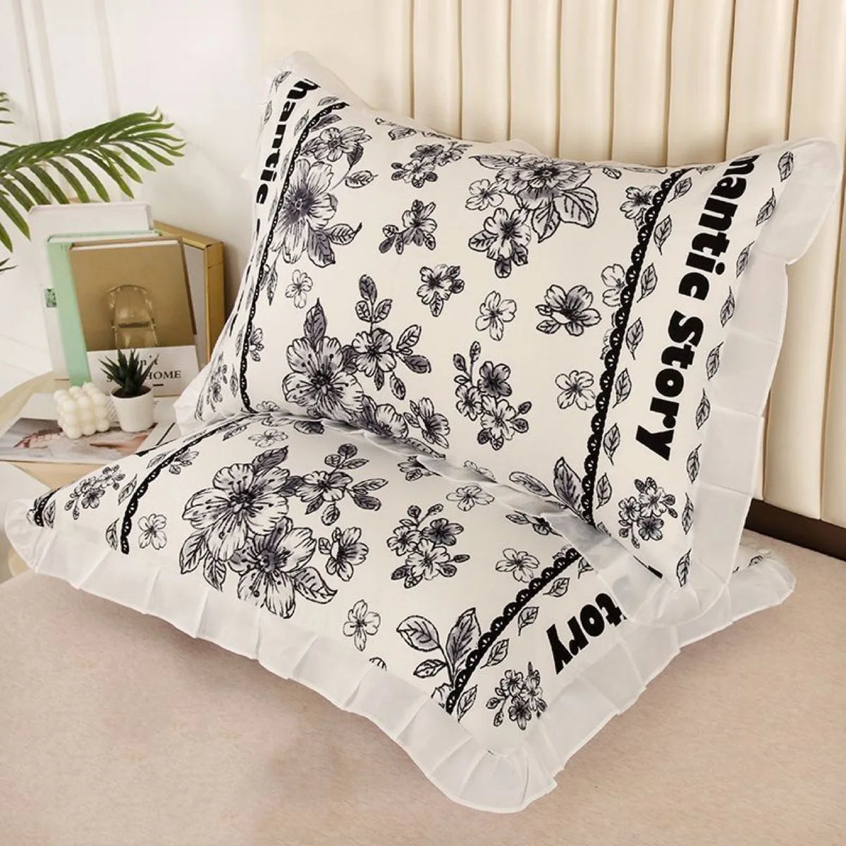 taies d'oreiller polyester motif floral vintage blanc noir adhésif respectueux environnement simple casa lot