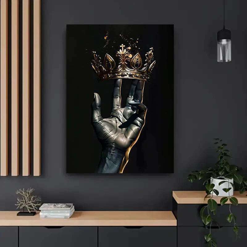 tableau toile cadre doré homme costume rose lion couronne art mural noir élégant classique