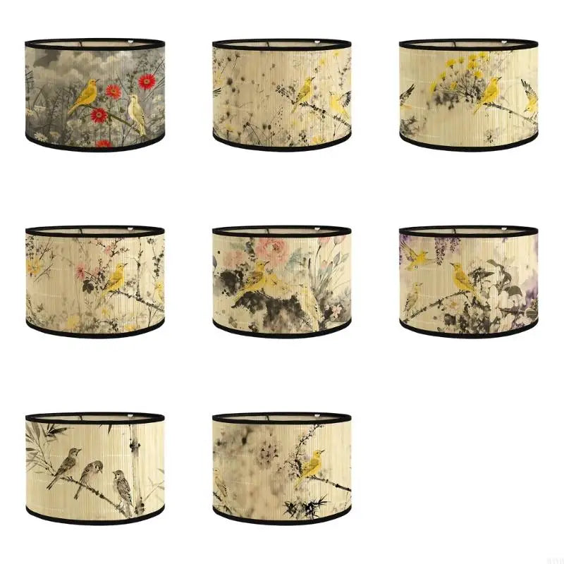 abat jour artisanal oiseaux fleurs branches beige noir jaune rose vert boucle métallique