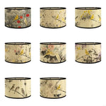 abat jour artisanal oiseaux fleurs branches beige noir jaune rose vert boucle métallique