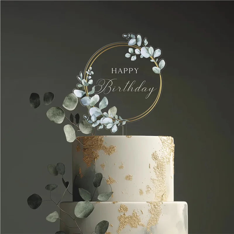 décoration gâteau transparente fleurs vertes happy birthday clips anniversaire mariage baptême événement