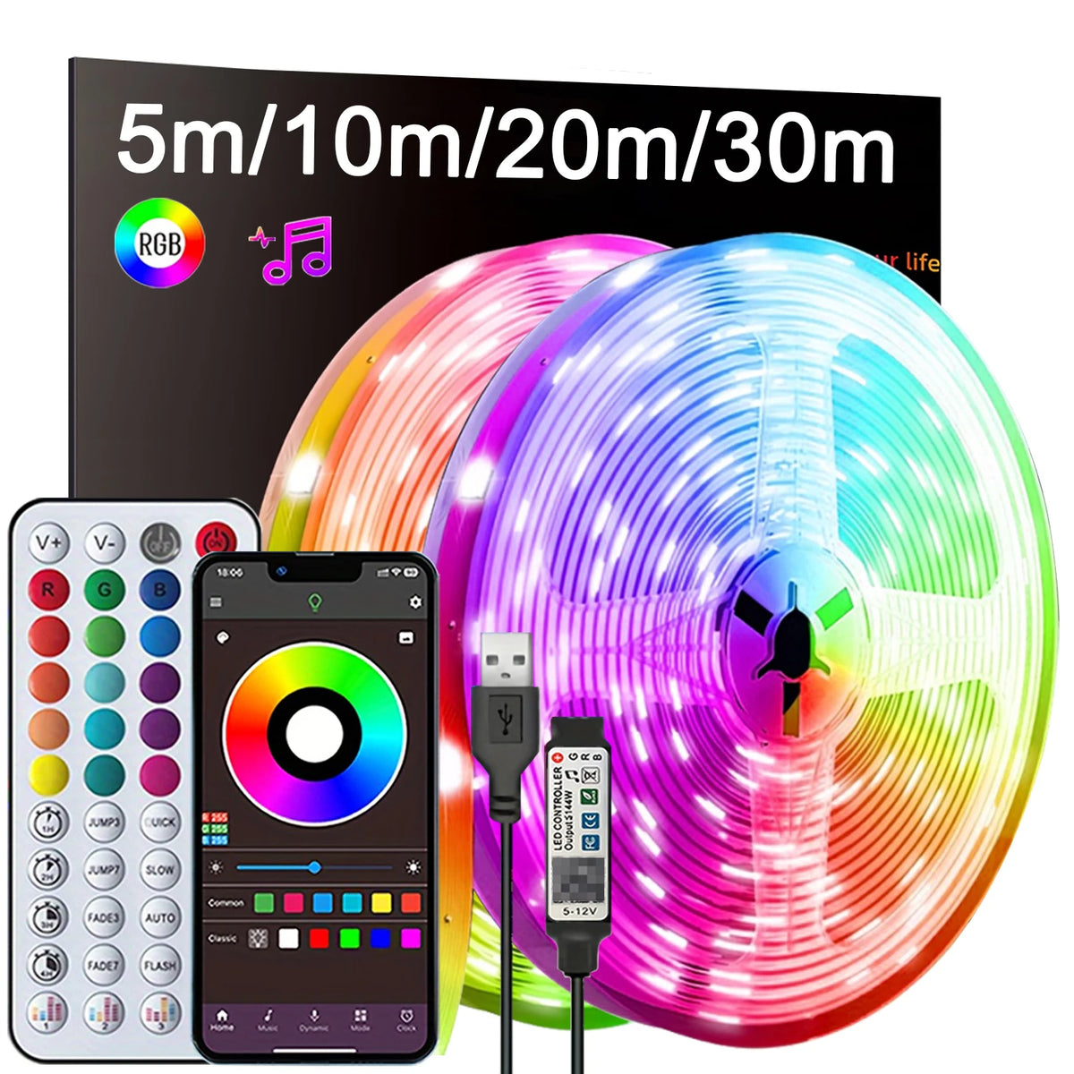 ruban led multicolore rgb flexible synchronisation musique controle application 10m 15m 20m 30m moderne