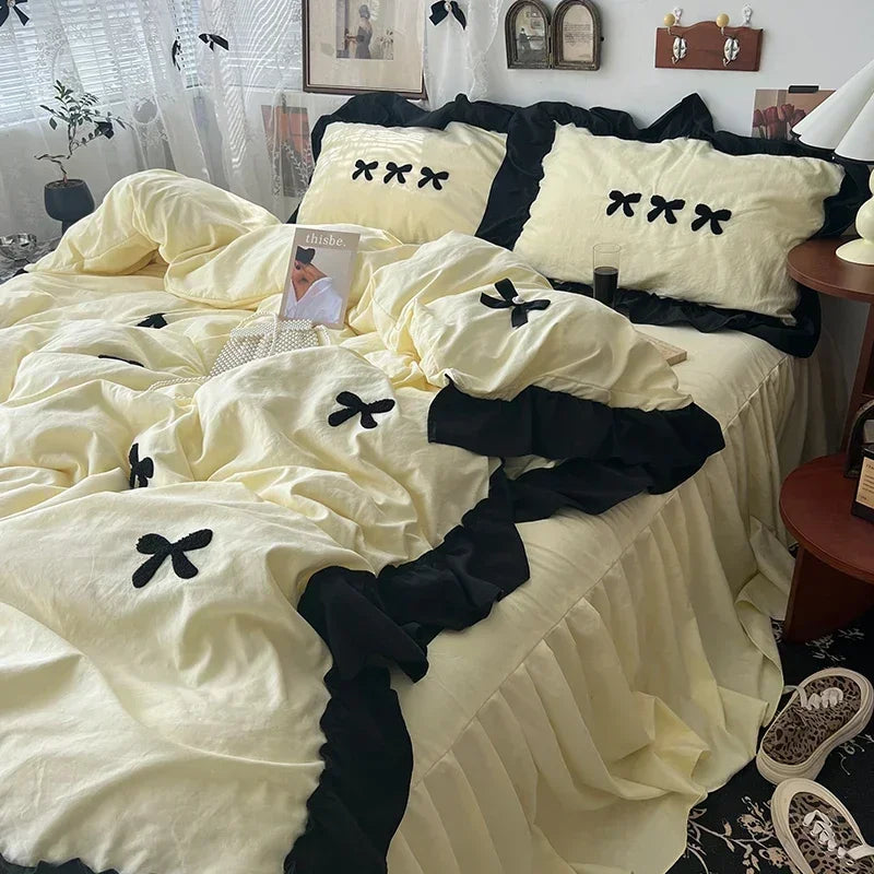 ensemble literie housse couverture taies nœuds noirs volants blancs filles doux