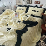 ensemble literie housse couverture taies nœuds noirs volants blancs filles doux