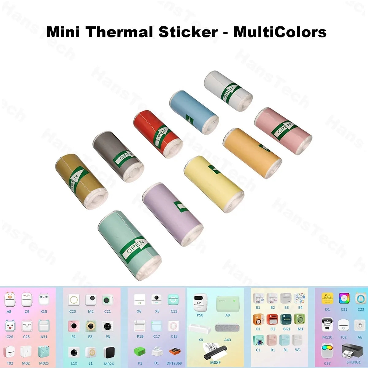 rouleaux papier thermique coloré imprimante portable feuilles imprimées motifs variés autocollants open différentes couleurs