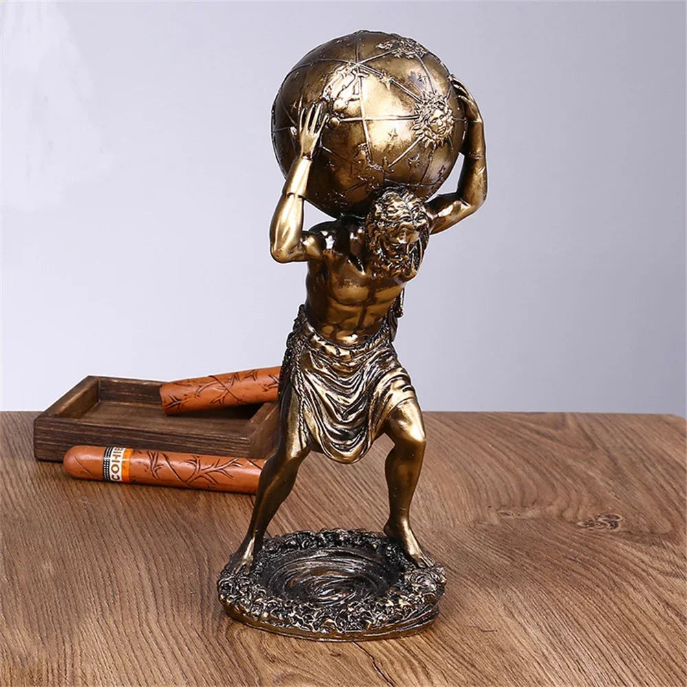 statue grecque atlas résine bronze doré détail homme globe terrestre décor maison