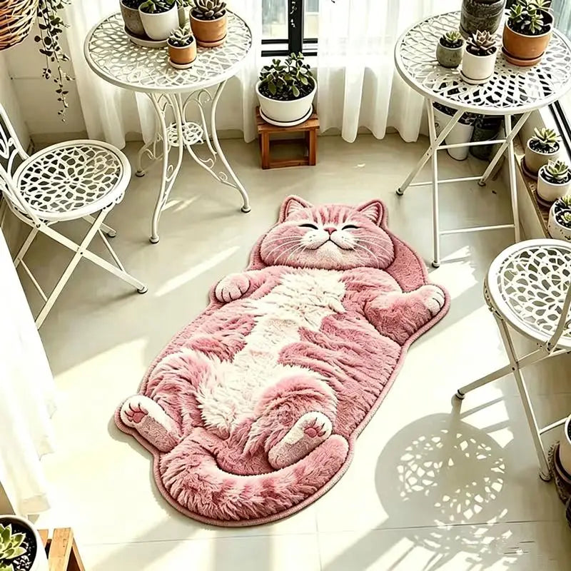 tapis peluche chaton gris rose orange oreilles pattes queue yeux fermés décoration maison
