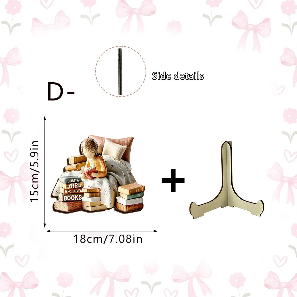 figurines bois fille lecture supports livres fleurs vases tulipes lavande théière bougiesDecorationChampetreSpirituelle
