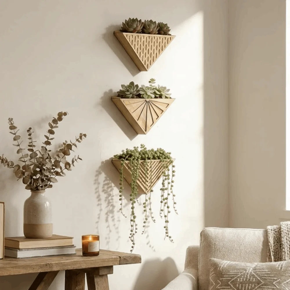 jardinière murale bois minimaliste modernes triangles succulentes bohèmes géométriques fixations vis incluses decorationintérieur