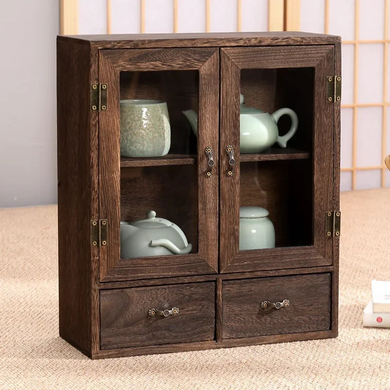 organisateur thé vert clair meuble asiatique verre transparent tiroirs bois marron foncé étagères tasses