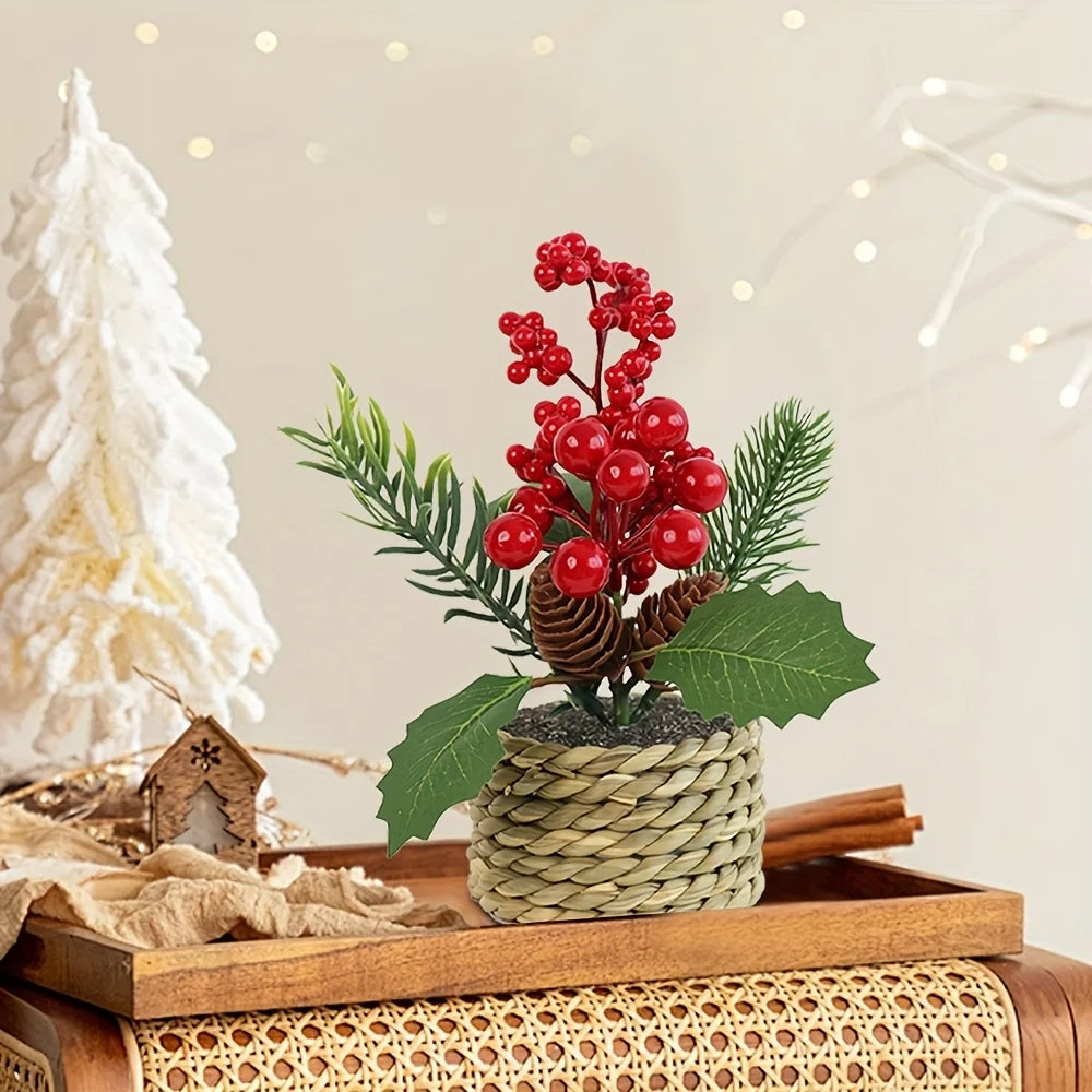 bouquet artificiel noël baies rouges cône pin feuilles vertes décoration intérieure
