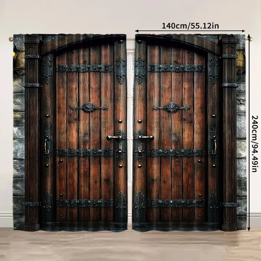 rideaux vintage polyester imitation bois fer porte médiéval gris marron noir beigesDecorationFantastiquePanneaux2Pcs