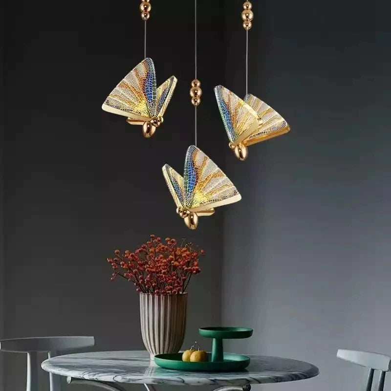 suspension lumineuse moderne papillon blanc doré translucide 10cm 15cm 17cm 150cm