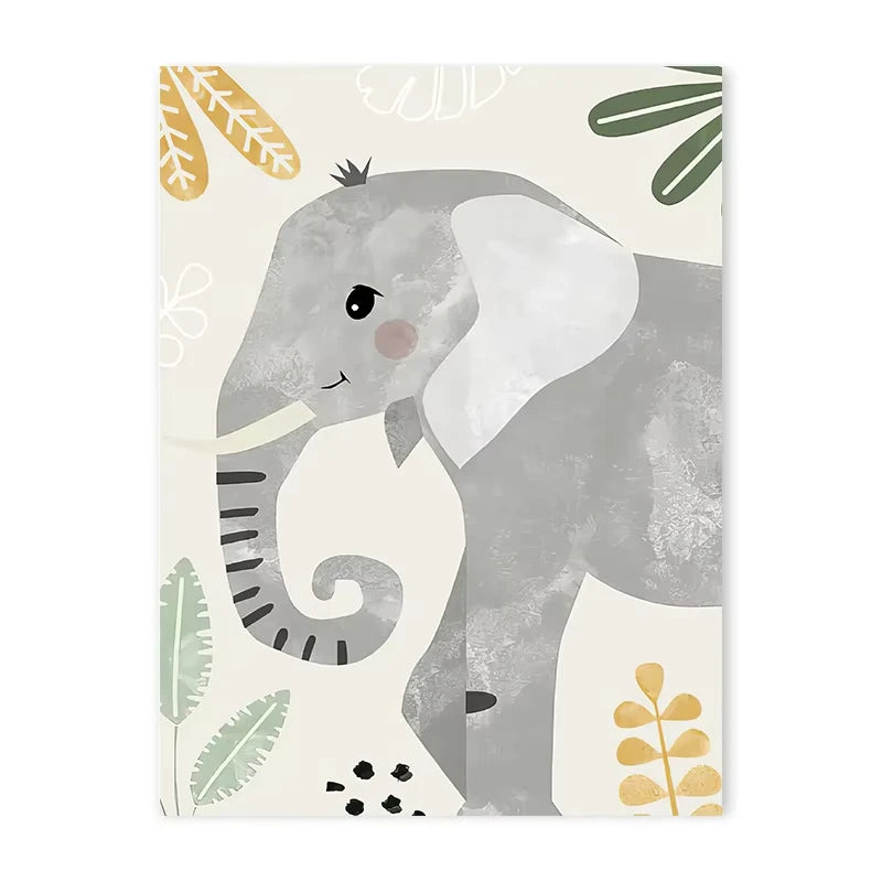 affiche toile animaux jungle lion zebre elephant decor chambre enfant cartoon beige vert