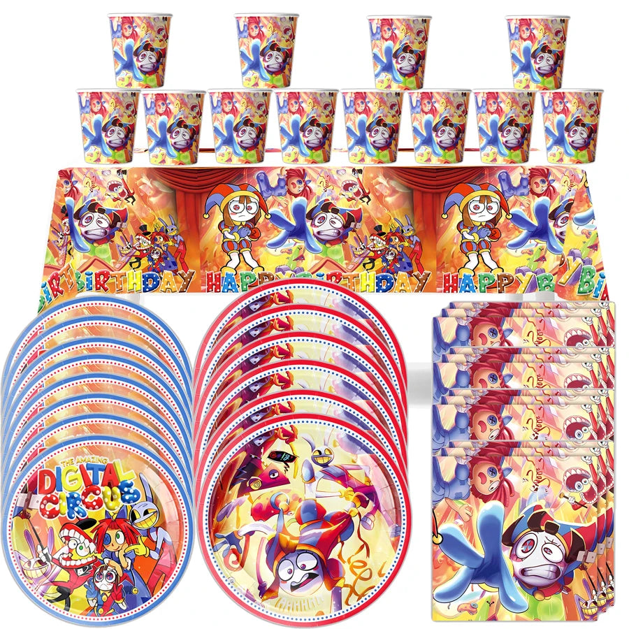 ensemble décoration anniversaire cirque numérique vaisselle papier assiettes gobelets serviettes nappe décorations multicolores