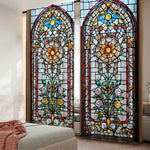 rideaux deux pièces motifs floraux semi transparent vitrail couleurs vives rouge bleu violet