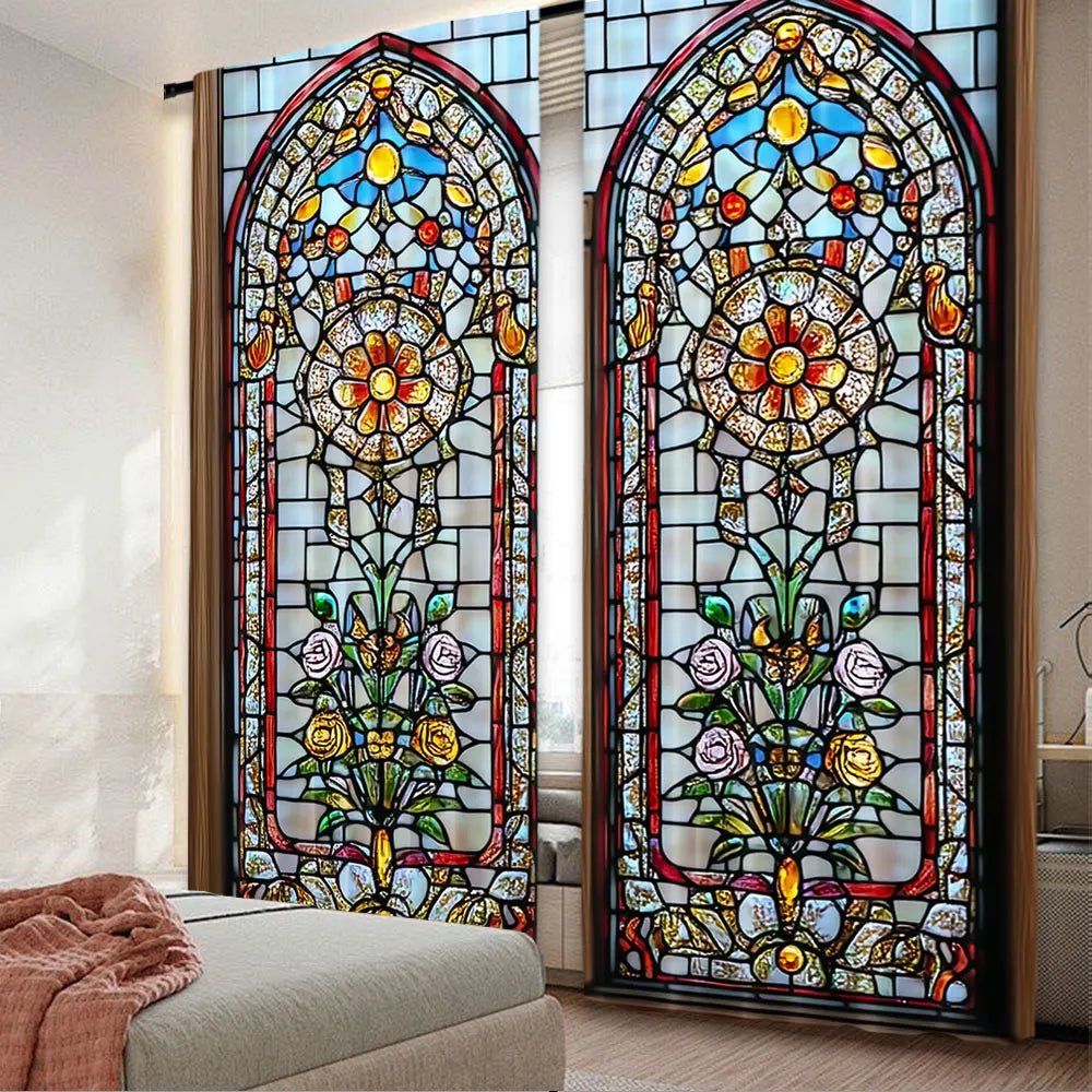 rideaux deux pièces motifs floraux semi transparent vitrail couleurs vives rouge bleu violet