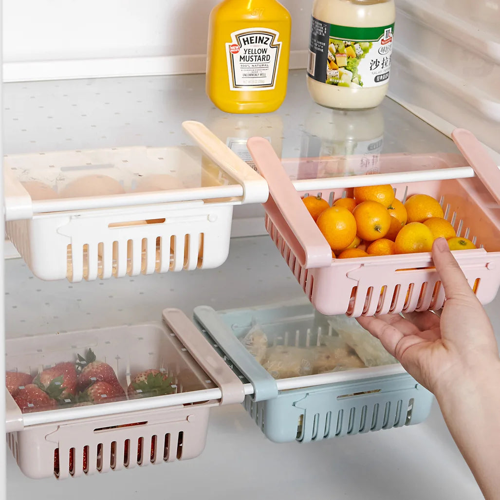 paniers rangement réfrigérateur extensibles blanc rose bleu clips grille perforation moderne pratique