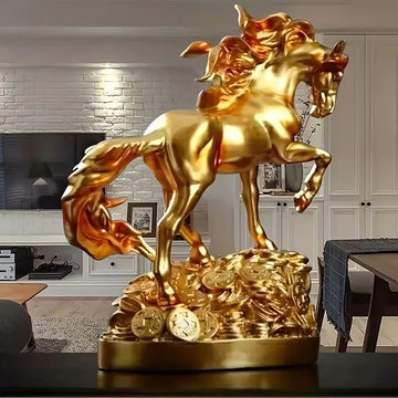 statue cheval cavalier or pieces decoratives classique art équestre maison salon decoration bronze metallic