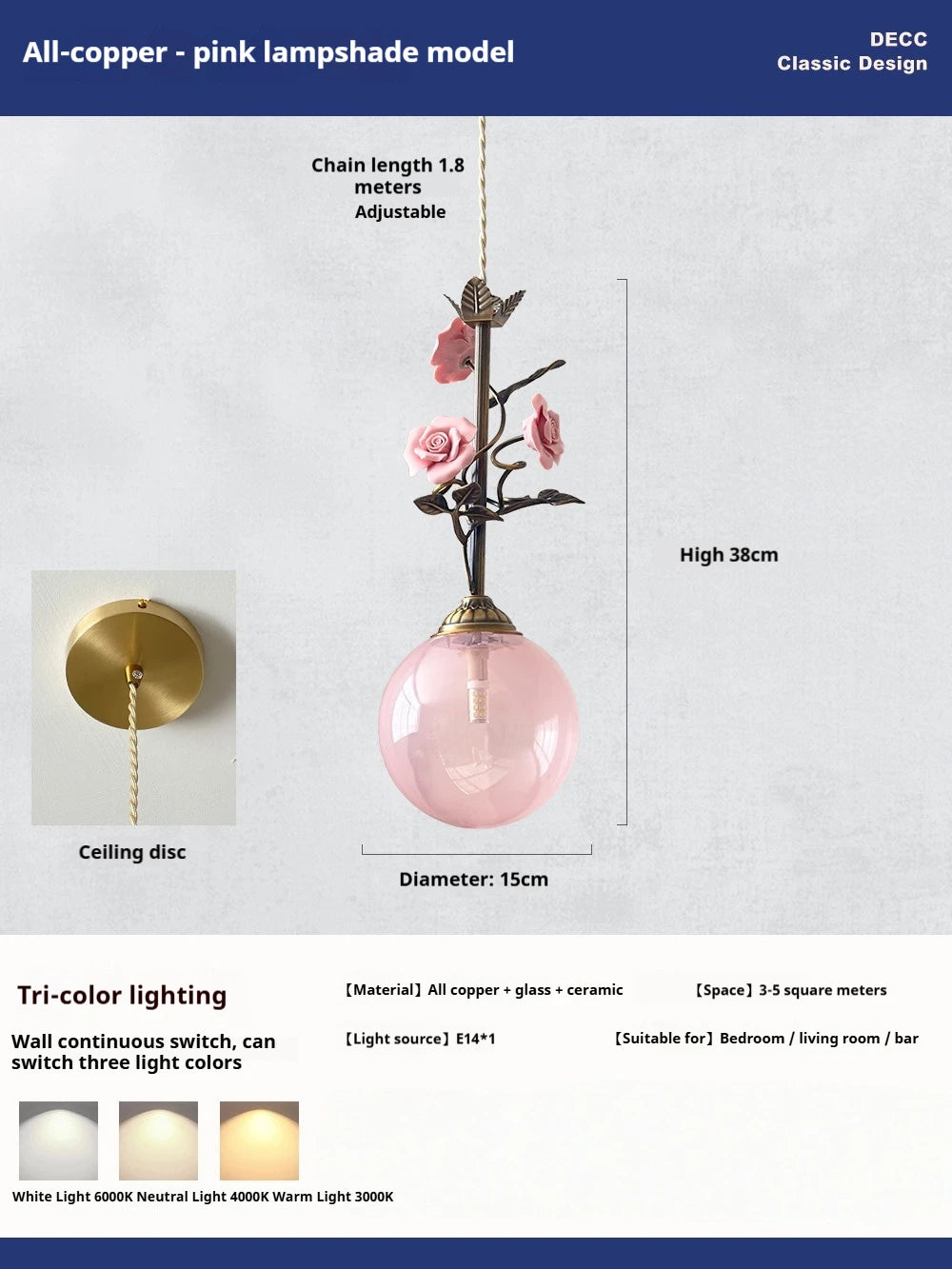 lumière suspendue led rose verre transparent classique floral chambre salon vintage
